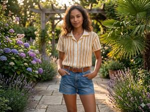 Crochet Blouse | Striped Knit Top for Women | Boho Picnic Style Viscose/Cotton Short Sleeve - Product Image 4