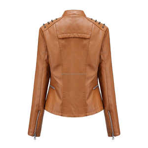 Brown Casual Biker Style <b>Leather</b> Women's Jackets with Round Studded Shoulders Slim Fit Asymmetrical Zipper and Pockets - Product Image 2