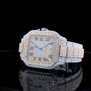 Montre automatique mécanique de luxe pour homme, édition limitée, avec chiffres romains bicolores dorés, sertie de moissanite, style hip-hop moderne - Product Image 2