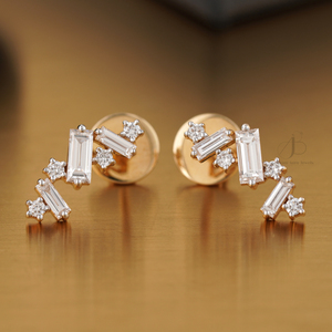 14K Gold Fine Stud <b>Earrings</b> 0.99 CT Baguette Round Lab Grown Diamond Zigzag Design - Product Image 2