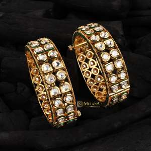 Gold Plated Double Layered Polki Kundan Cuff Bangles - Product Image 3