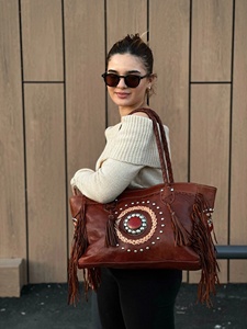 Premium Genuine Leather Fringe Handbag for Women – Vintage Boho Style Shoulder <b>Bag</b> with Tassels & <b>Studded</b> Detail - Product Image 5