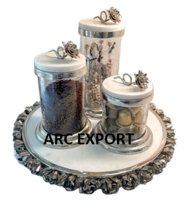 Boîte de conserve de luxe en métal et verre avec plateau fantaisie argenté de service bouteille de stockage pour ustensiles de cuisine design moderne de table fait à la main - Product Image 1