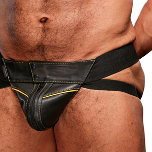 Jockstrap de Cuero para Hombre, Estilo Deportivo, con Ribete Naranja, Ropa Interior Fetiche de Cuero Premium, Tirantes Ajustables - Product Image 4