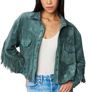 Premium Green Genuine <b>Suede</b> Women <b>Leather</b> Fringe <b>Jacket</b> Button Closure Type Back and Shoulder Fringes Customization Avaible - Product Image 1