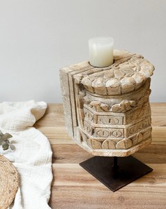 Porte-bougie en bois ancien sur support en fer, sculpté à la main, décoration rustique pour jardin, table, entrée, salon, chambre, salle à manger - Product Image 1