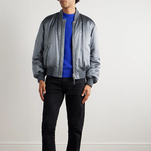 Service OEM, veste bomber en satin gris avec fermeture éclair, col montant, coupe ample, veste bomber classique pour homme - Product Image 3