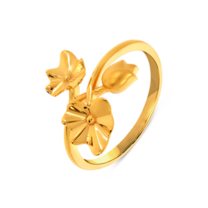 18K Gold Plated Double Flower Open <b>Adjustable</b> <b>Ring</b> for Women Modern Floral Blossom Finger <b>Ring</b> Minimalist Fashion Jewelry - Product Image 1