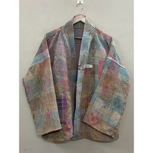Veste kimono en patchwork 100% coton faite à la main, col châle, manches longues, écologique, pour femme - Product Image 4