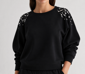 Womens Black Rhinestone Shoulder Sweatshirt Crystal Embellished Crew Neck <b>Long</b> <b>Sleeve</b> Casual Fashion Pullover <b>Top</b> Wholesale OEM - Product Image 6