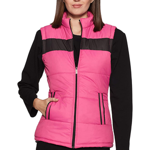 <b>Women's</b> Pink Color Blocked <b>Puffer</b> Vest With Zipper Stand Collar Windproof Quilted Outerwear Casual Winter Layering <b>Gilet</b> - Product Image 1
