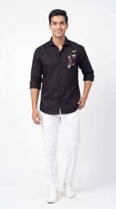 Chemise en lin pour homme, broderie raffinée, manches longues, col ouvert, coupe classique, boutonnée sur le devant, style décontracté chic, haut tendance pour les vacances -DC - Product Image 1