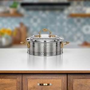 Arabic Engraved Enamel Coated Stainless Steel Insulated Casserole Hotpot Serving Dish Gold Handles 33cm Diameter Dishwasher Safe - Product Image 2
