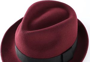 Chapeau Fedora en laine bordeaux avec bande de ruban noir, style classique unisexe pour un usage décontracté, toutes saisons, taille adulte 56-58 cm - Product Image 5