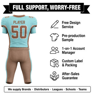 Ensemble de maillot et pantalon de football américain sublimé personnalisé pour homme, col en V, manches courtes, anti-humidité, ajusté, bleu et marron - Product Image 2