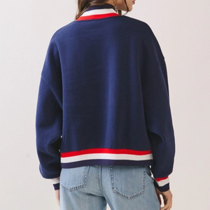 Women's Navy Blue Sailor Collar Knitted Sweatshirt With Red White Trim Drop-Shoulder Long Sleeve Preppy Style Autumn Wear - Product Image 6