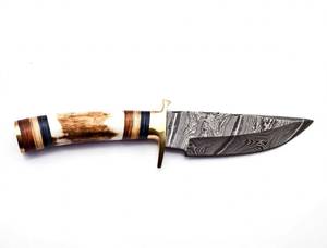 High contrast acid <b>etched</b> damascus steel outdoor heavy Utility <b>Tool</b> Stag Antler and ebony wood Handle Brass Double Guard - Product Image 1