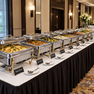 Plat de service rectangulaire en acier inoxydable grand format avec poignées et pieds dorés, et couvercle amovible pour buffet et maintien au chaud des aliments - Product Image 4