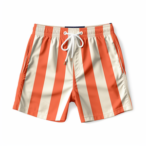 Shorts de Baño a Rayas para Hombre, Naranja y Blanco, de Secado Rápido, con Cordón Ajustable, Casuales, de Cintura Media, Cortos, de Poliéster Tejido - Product Image 1