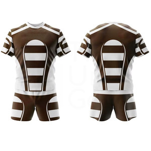 Ensemble short et maillot de rugby rayé marron et blanc pour homme, sublimé, séchage rapide, polyester, coupe athlétique, col rond, manches courtes, toutes saisons - Product Image 3