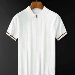 เสื้อโปโลถักสีขาวสำหรับผู้ชาย แขนสั้น แต่งขอบตัดกัน ทรงปกติ สวมใส่สบาย สีพื้น ผ้าฝ้าย - Product Image 2