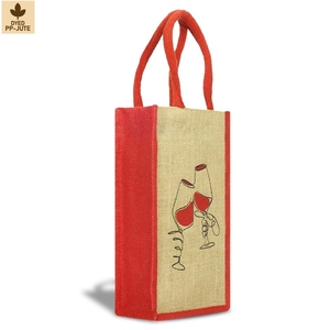 Natural Laminated Jute <b>Wine</b> <b>Bottle</b> Gift Bag for Two <b>Bottles</b> 20.5 x 34 x 11 cm Red Cotton Webbed Handle Custom Logo Wholesale OEM - Product Image 1