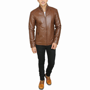 Veste en cuir d'agneau pour homme, style streetwear, hiver, qualité supérieure, avec impression de logo personnalisée et col montant. - Product Image 4