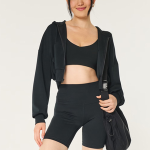 Sweat-shirt à capuche zippé pour femme, coupe ajustée, manches longues, léger, en mélange de coton, vêtement d'extérieur tendance pour le quotidien - Product Image 2