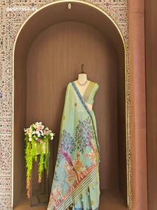 Sari de Algodón Muga Suave de Primera Calidad con Tejido de Flores Dispersas y Motivos de Árboles y Animales, Proveedor Mundial - Product Image 2