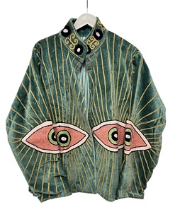 Green Velvet <b>Mandarin</b> <b>Collar</b> Cotton <b>Jacket</b> with Embroidered Eye Pattern Full Sleeve Autumn Winter Fashion Coat - Product Image 1