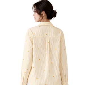 Camisa de Mujer a Rayas Amarillas y Blancas con Botones, Blusa de Algodón de Manga Larga con Bordado de Corazón, Ajuste Holgado, Estilo Casual, Top Oversize - Product Image 2