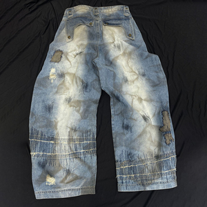 Wide Leg Patchwork Denim Jeans High Waist Distressed Loose Fit Streetwear Style Cotton Fabric Spring Season - Product Image 4