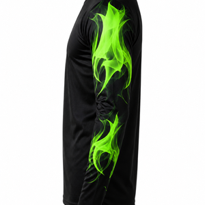 Men's Full Sleeve Rash Guard Black With Green <b>Flame</b> Print Quick Dry Polyester Sport <b>Shirt</b> - Product Image 1