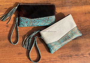 Bolso de mano de cuero de vaca real, monedero, cartera marrón, parches occidentales tallados, pelo en piel oculta, bolso de mano de cuero - Product Image 6