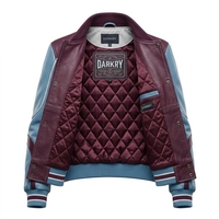 Jaket Bomber Varsity Kulit Asli Wanita Warna Biru Langit Burgundy Detail Piping Kustom Tepi Bergaris Penyedia Layanan Pabrik OEM