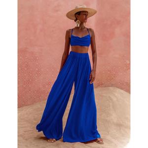 Boho Style Women Two Piece Set <b>Spaghetti</b> <b>Strap</b> Crop Top and Flowy Wide Leg Pants Summer Wear - Product Image 4