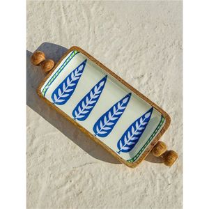 Plateau de service artisanal en émail bleu et bois |   Plateau décoratif haut de gamme avec poignées nouées uniques, plateau de service pour la cuisine - Product Image 1