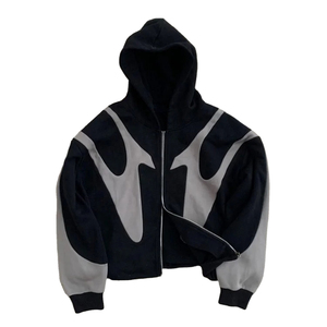 Sweat-shirt à capuche oversize pour homme, style automne, avec fermeture éclair, color block, en molleton bouclette, noir et gris, manches classiques - Product Image 1