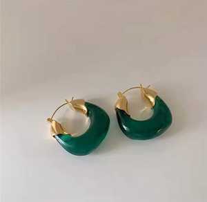 Natural Craft Green Irregular Resin Earrings <b>Gold</b> Accent Modern Geometric U Shape Women Jewelry Eco-Friendly Handmade Craft - Product Image 1