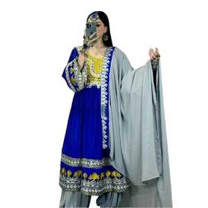 Vestido de novia tradicional hecho a mano con bordado, 100% poliéster, estilo afgano Kuchi, manga corta, cintura natural, color en contraste, para mujer. - Product Image 1