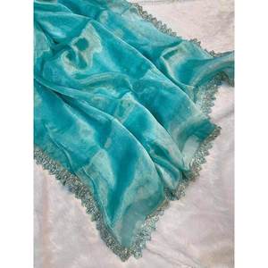 Sari de Encaje de Seda de Diseño con Trabajo a Mano y Blusa Sin Coser Color Cielo - Product Image 1