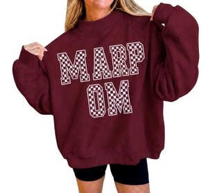 Sweat-shirt surdimensionné à col rond Marp Om pour femme, imprimé à carreaux bordeaux avec lettres, épaules tombantes, en molleton de coton doux tricoté pour l'hiver - Product Image 1