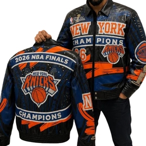 Chaqueta de Cuero para Hombre, Talla XS, de Piel de Vaca, Estilo Estándar, Campeones de las Finales de Baloncesto de Nueva York, Venta al Por Mayor |   Negro Azul Naranja para Hombre - Product Image 3