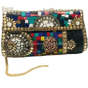 Vintage Handmade Mosaic Metal Design Evening Party Bling Exclusive Clutch Box Style Handbag at lowest price by LUXURY CRAFTS