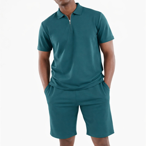 Men's Teal Polo Shirt And Shorts <b>Set</b> Quarter Zip Solid <b>Knitted</b> Breathable Casual Summer Outfit - Product Image 1