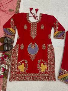 Shreeji Fashion <b>Red</b> Women's Ethnic <b>Silk</b> Salwar Suit with Gold Embroidery and Purple Motif Quick Dry for Wedding All Seasons - Product Image 2