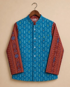 Men Blue Cotton Nehru <b>Jacket</b> With Digital Print Pattern Regular Fit Traditional Indian Pakistani Style <b>Wedding</b> Wear - Product Image 3