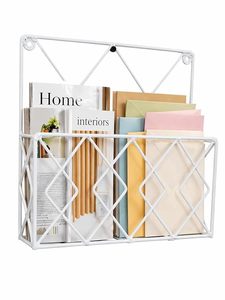 White <b>Metal</b> Wall Mount Magazine Rack Square <b>Grid</b> Design for Home Office Decor - Product Image 3