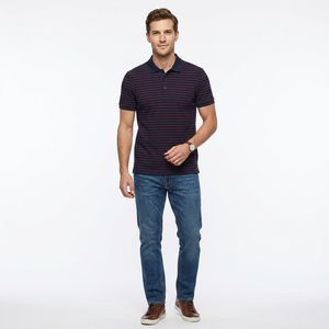 Polo de Punto a Rayas para Hombre, Manga Corta, Corte Regular Informal, Patrón Azul Marino y Rojo - Product Image 3