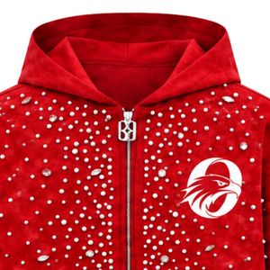 Sudadera con capucha roja brillante con cremallera, chaqueta estilo streetwear con cristales, sudadera informal con capucha de manga larga y bolsillos - Product Image 3